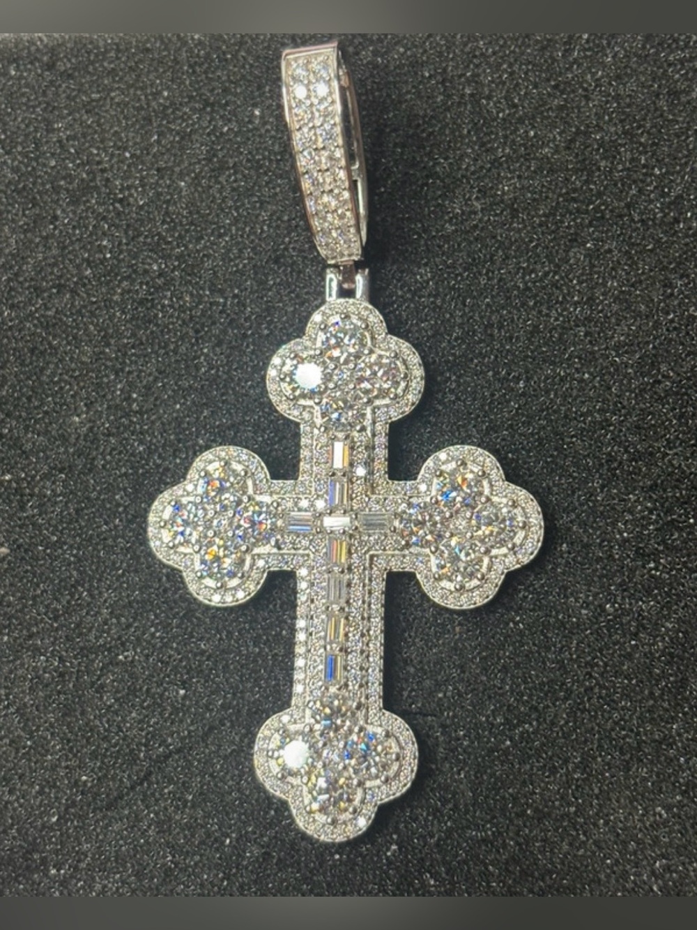S925 Sterling Silver Moissanite Ornate Cross Pendant 69mm Necklace